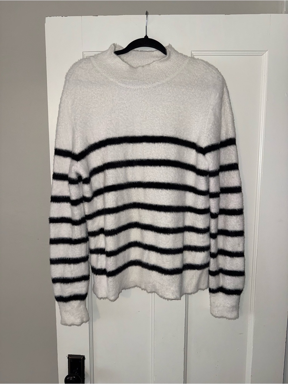 Bailey 44 White and Black Striped Fuzzy Turtleneck Sweater
